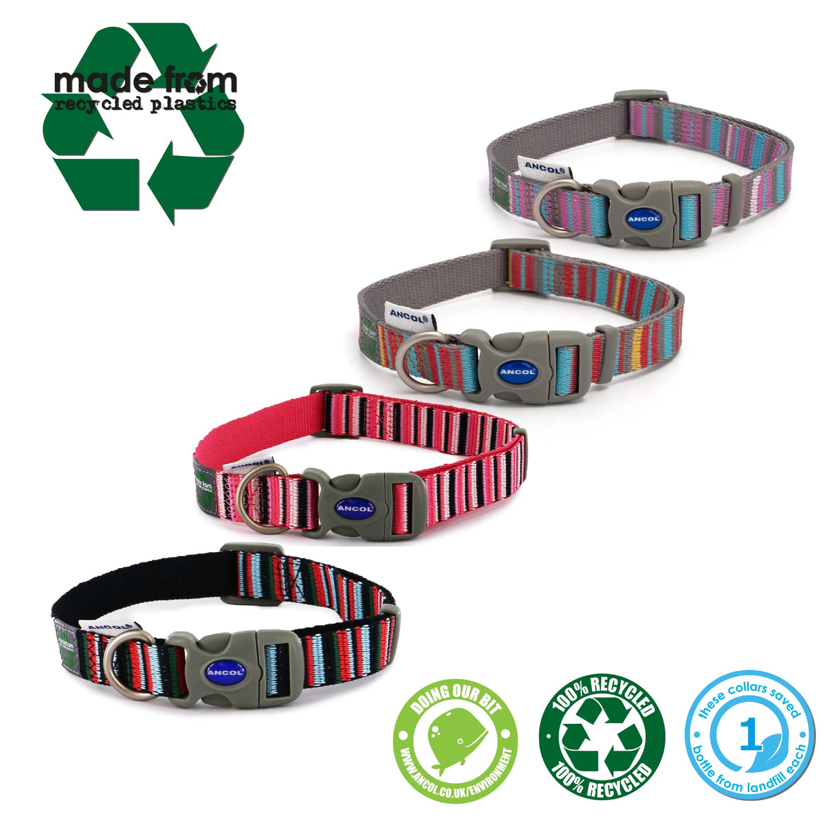 Ancol Large Navy Candy Stripe Recycled Webbing Dog Collar 3