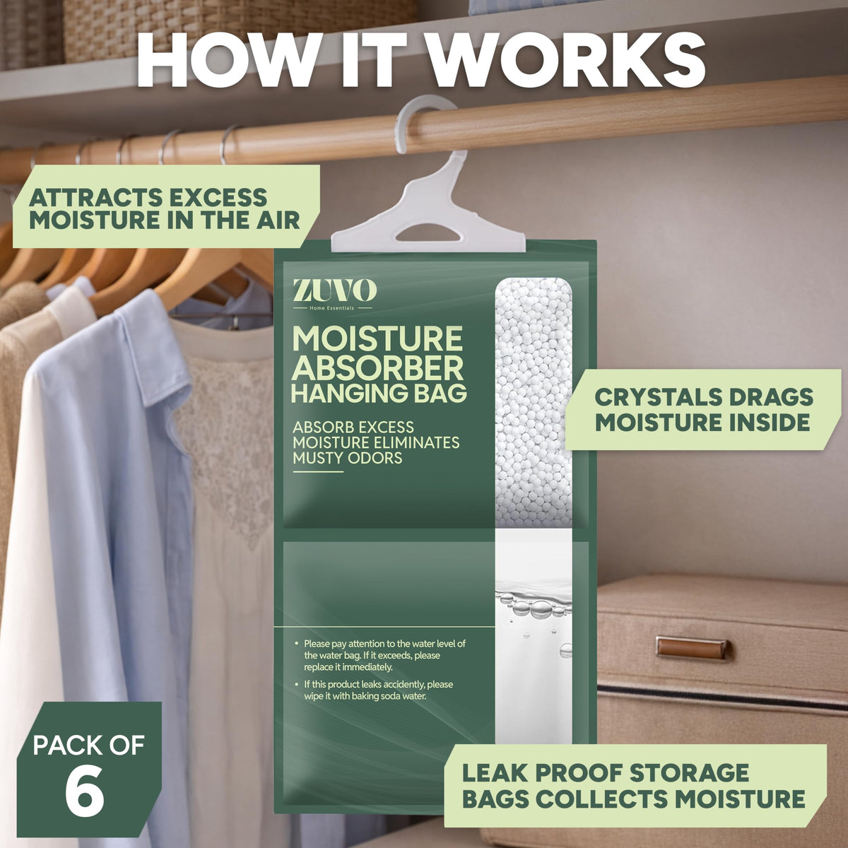 Zuvo Wardrobe Dehumidifier Hanging Bags - Moisture & Mould Remover | 6 Pack 3