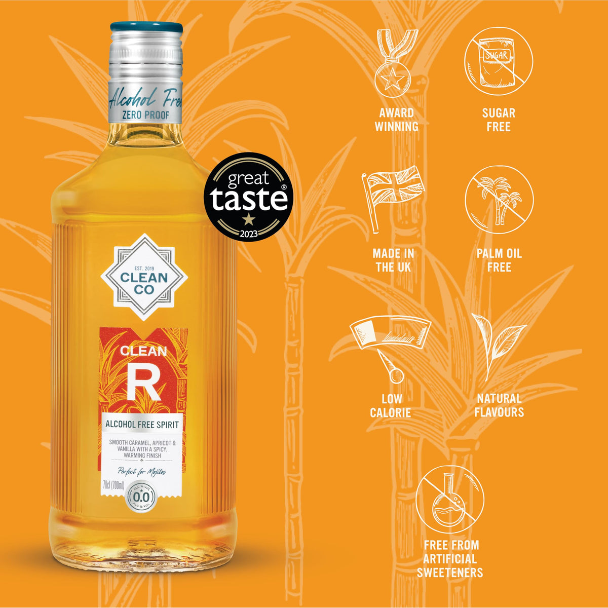 Clean Co Clean R Golden Spiced Non-Alcoholic Rum Alternative - 70cl Bottle, 0.4% ABV