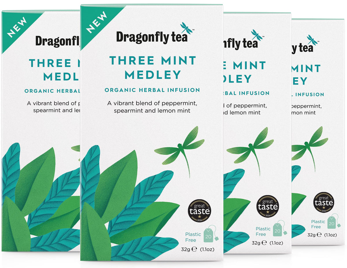 Dragonfly Three Mint Medley Organic Herbal Tea Bags - 4 x 20 Count, Caffeine Free, Refreshing