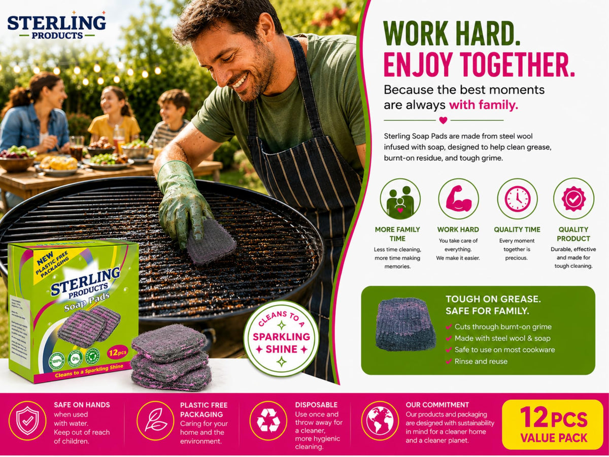STERLING PRODUCTS Soap Pads - Grease Cutting Scourers | 12 Pack | Steel Wool With Soap 5