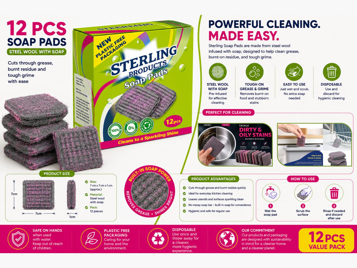 STERLING PRODUCTS Soap Pads - Grease Cutting Scourers | 12 Pack | Steel Wool With Soap 3