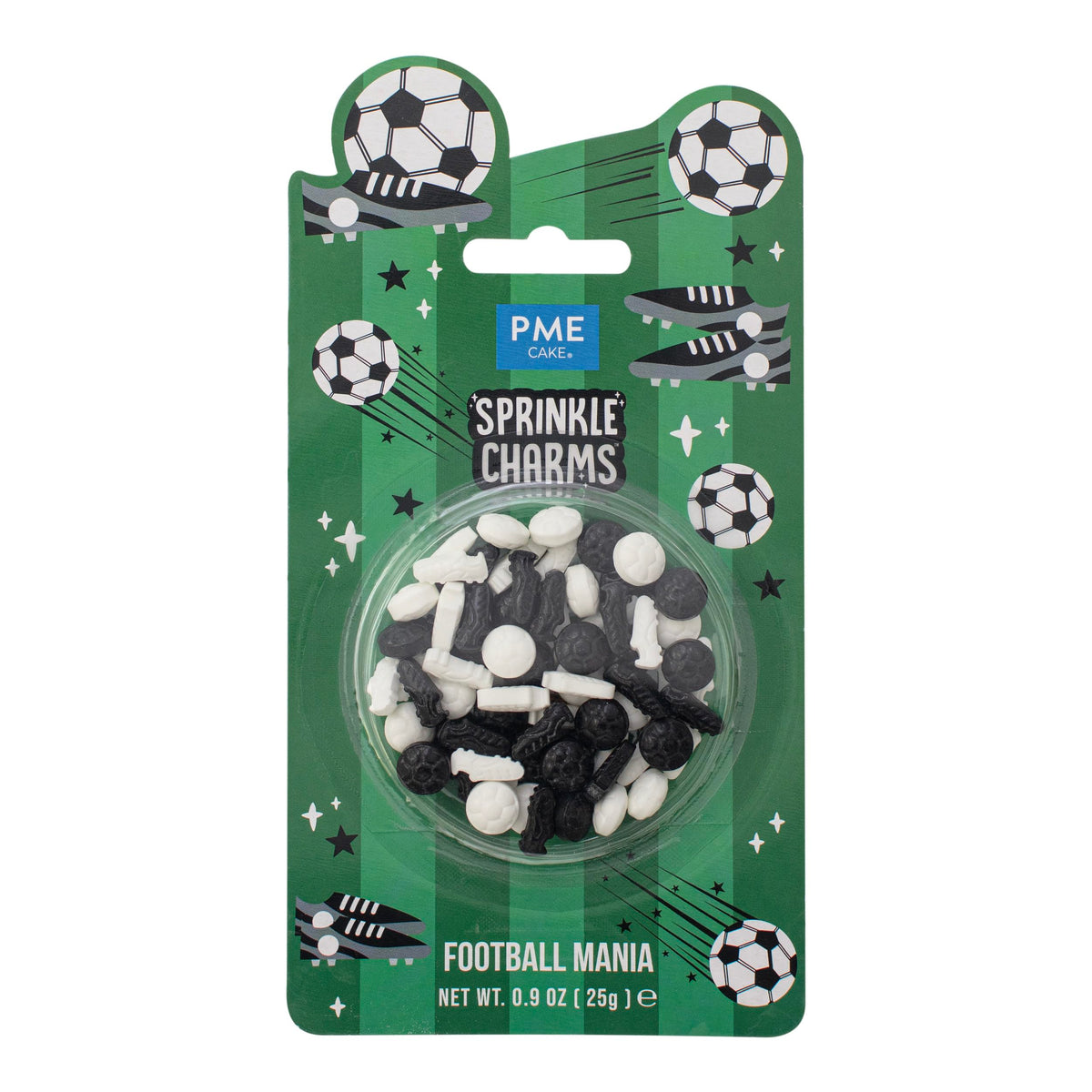 PME Football Mania Sprinkle Charms - Edible Decorations | 25g | Black & White Footballs & Boots