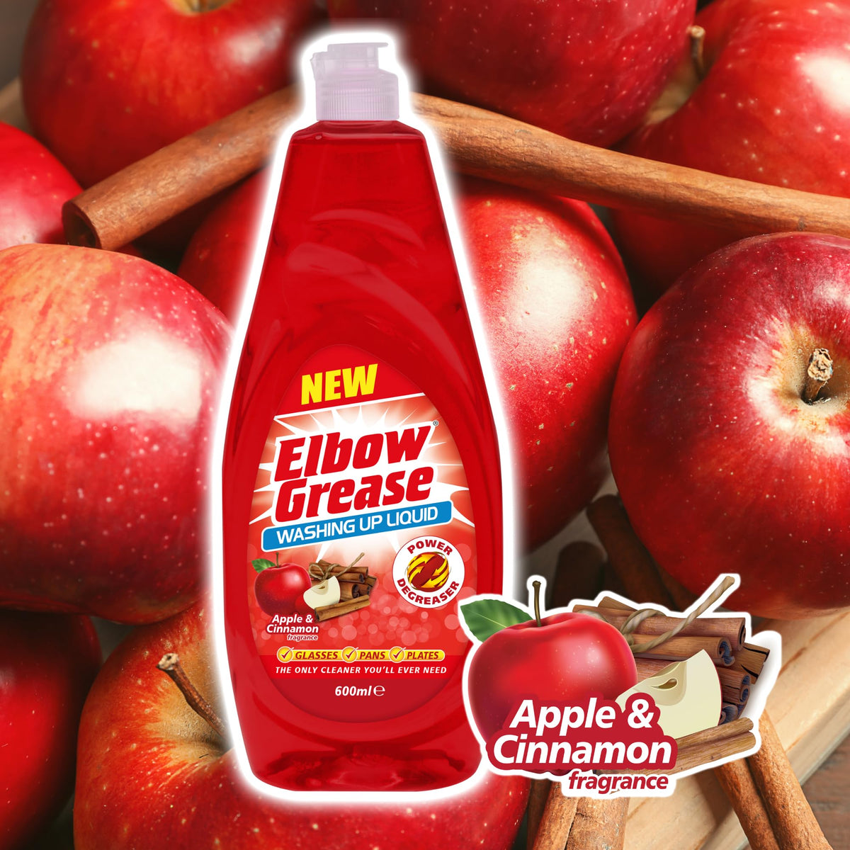Elbow Grease Washing Up Liquid - Power Degreaser, Streak Free Finish | 600ml Bottle, Apple & Cinnamon Scent