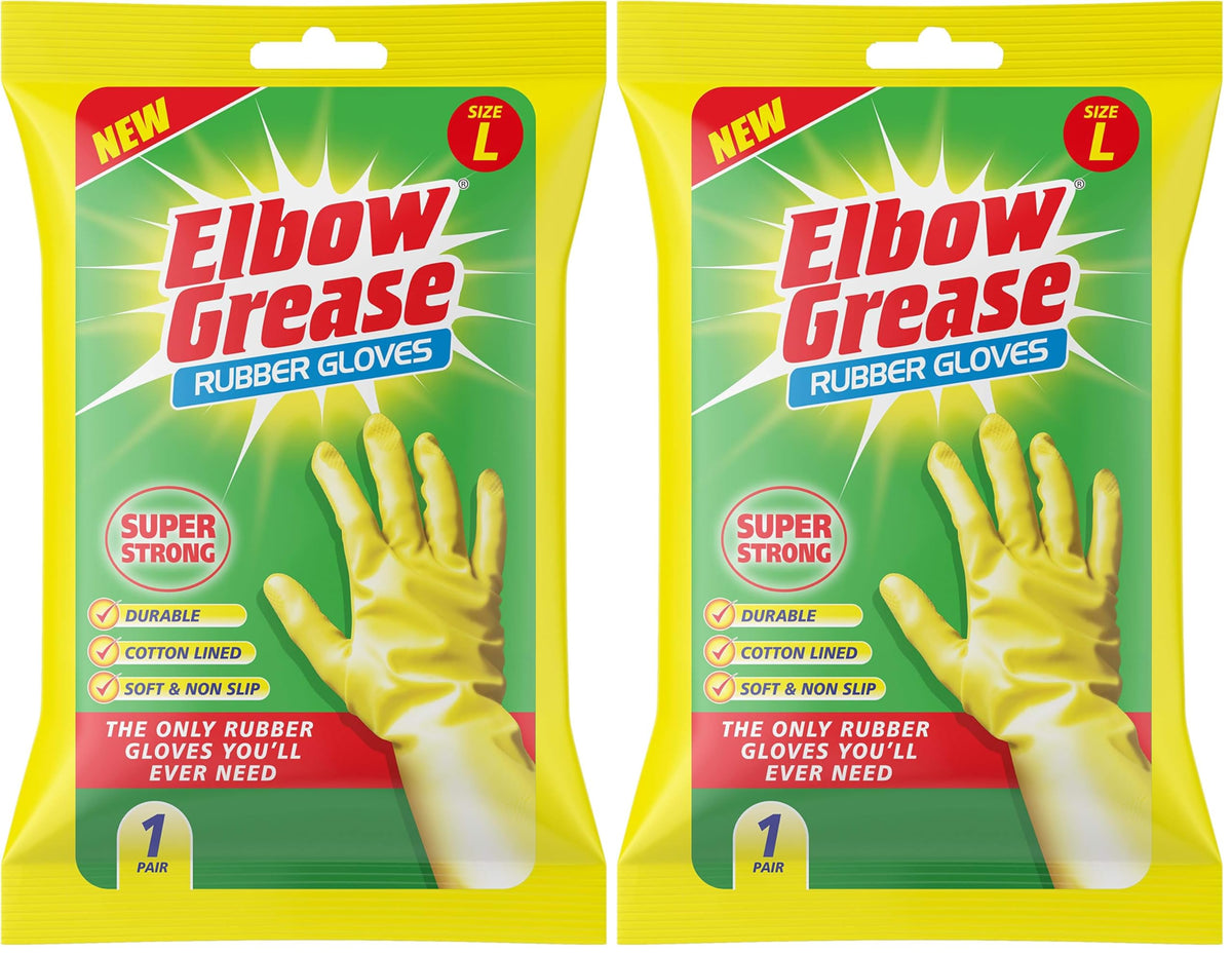Elbow Grease Rubber Gloves - Cotton Lined, Non-Slip, Super Strong | Size Large, Pack of 2 1