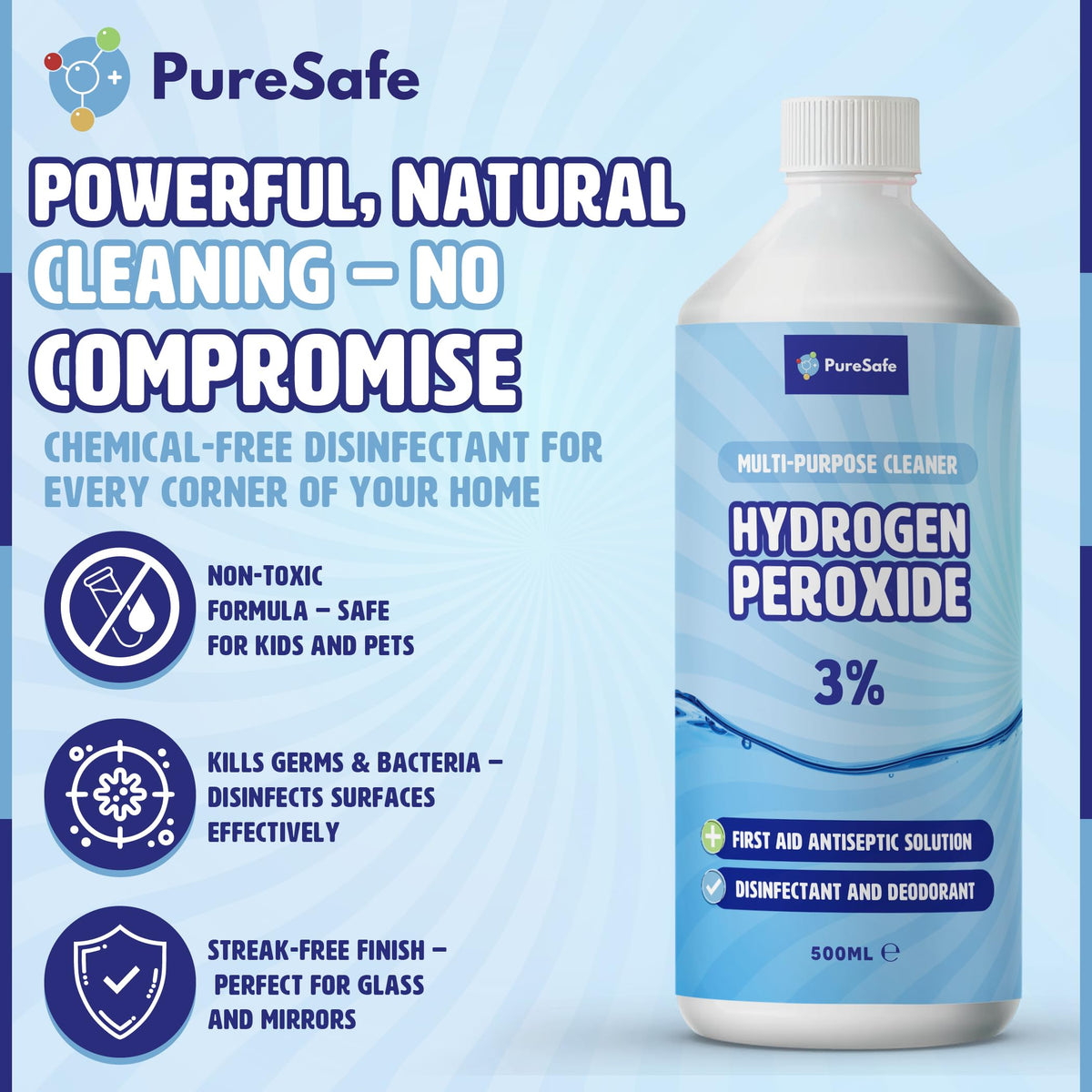 Pure Safe Hydrogen Peroxide 3% Solution - Multi-Surface Cleaner | 500ml | Made in UK 3