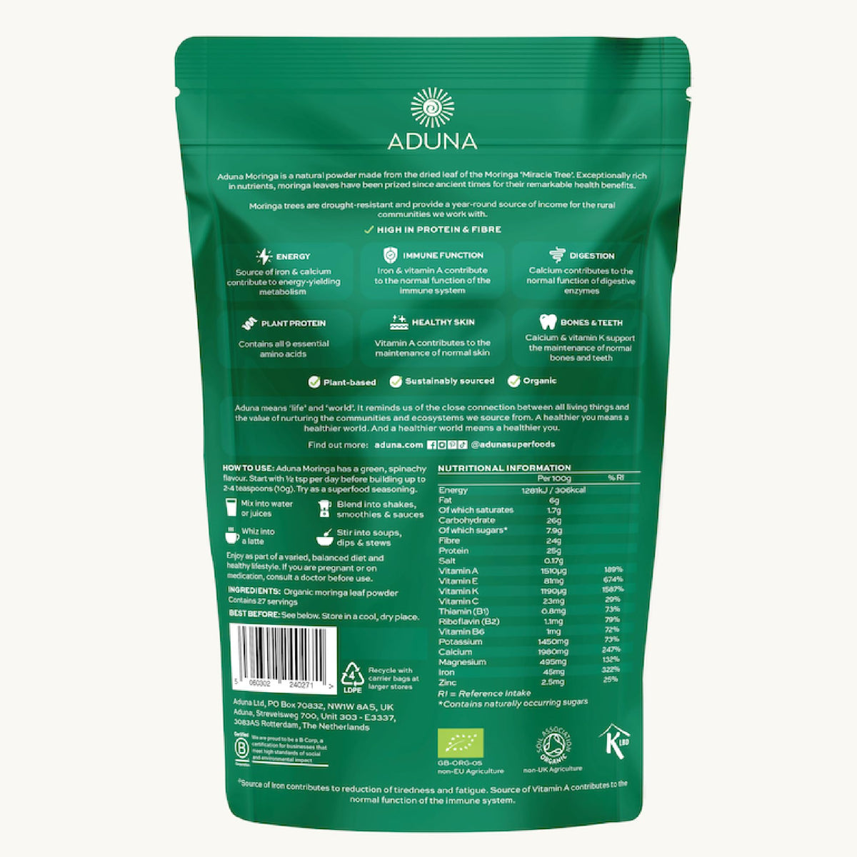Aduna Moringa Powder - Certified Organic Superfood | 275g 7