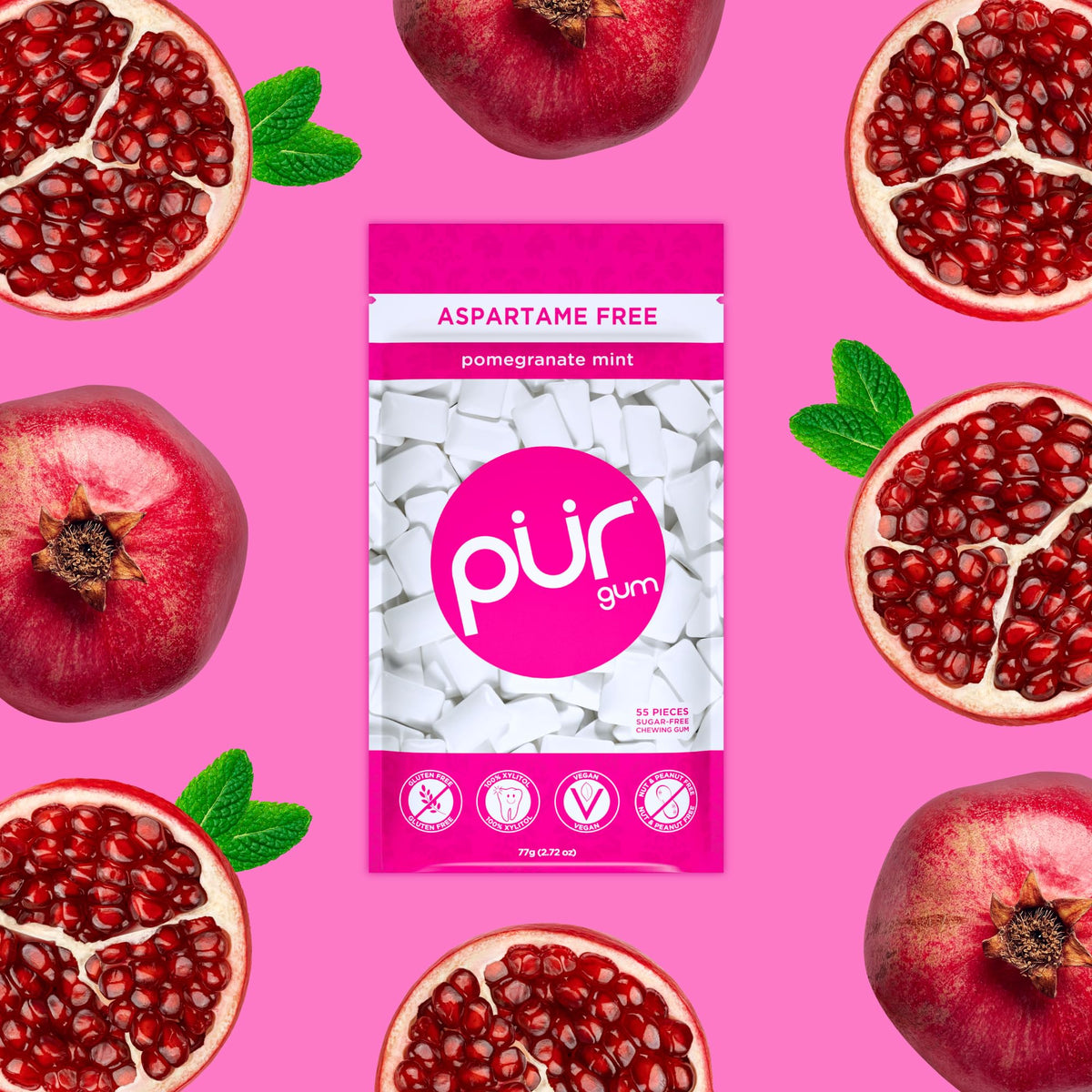 PUR Gum Pomegranate Mint Sugar Free Chewing Gum - Xylitol Sweetened, Vegan, Aspartame Free | 55 Count (Pack of 6) 5