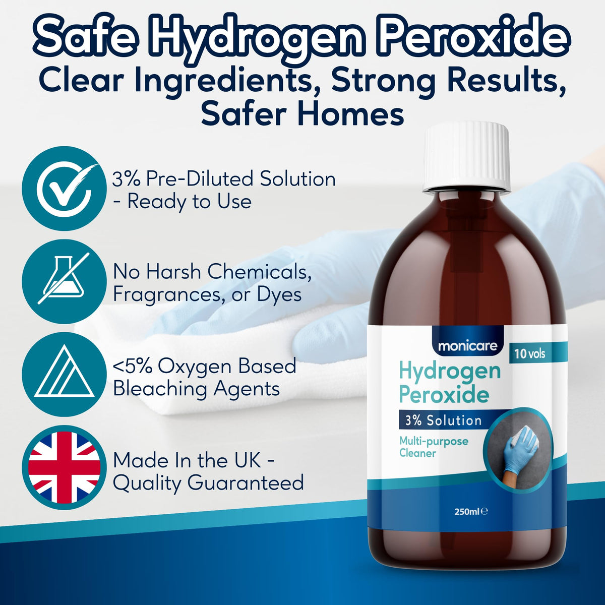 Monicare Hydrogen Peroxide 3% - 250ml All-Purpose Cleaner | Disinfectant | Stain Remover 4