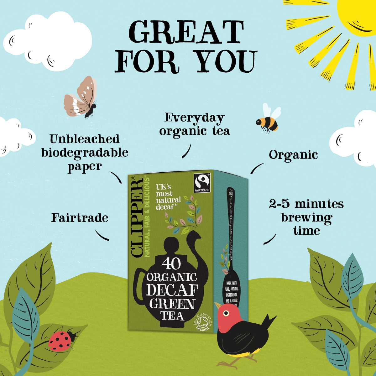Clipper Organic Decaf Green Tea Bags - 40 Count | Fairtrade | Plastic-Free