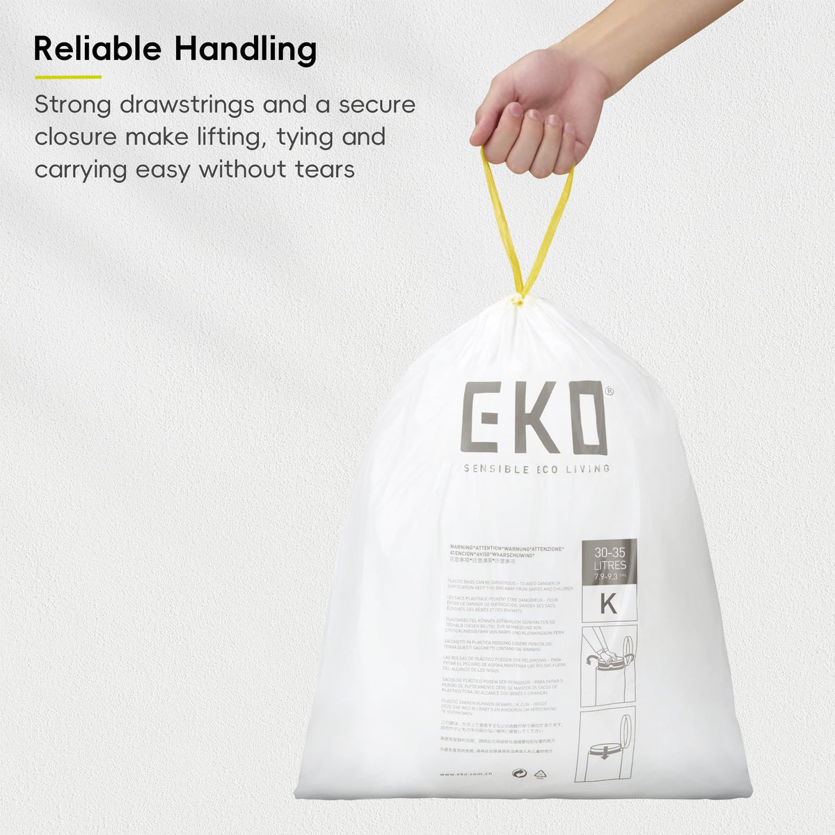 EKO Drawstring Bin Bags - 35 Litre, 12 Count | Heavy Duty | Leak-Resistant 4