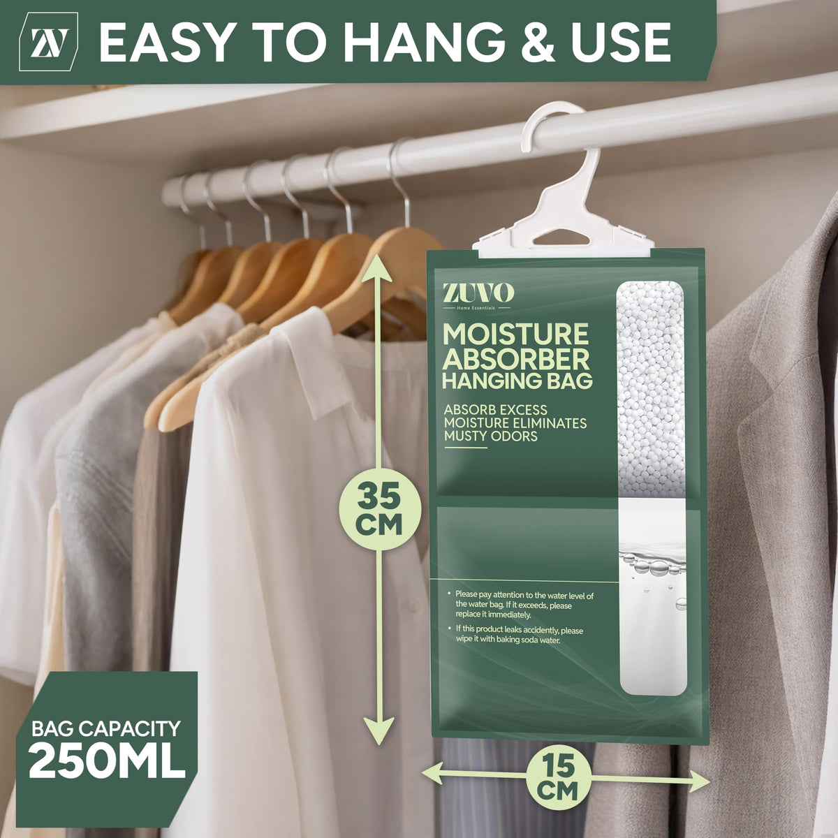 Zuvo Wardrobe Dehumidifier Hanging Bags - Moisture & Mould Remover | 6 Pack