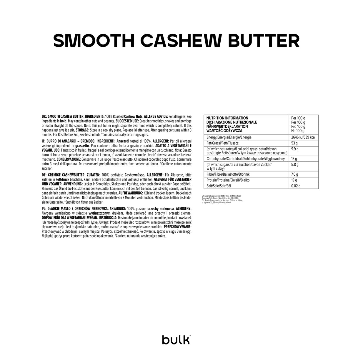 BULK POWDERS Natural Roasted Cashew Butter - Smooth, 500g