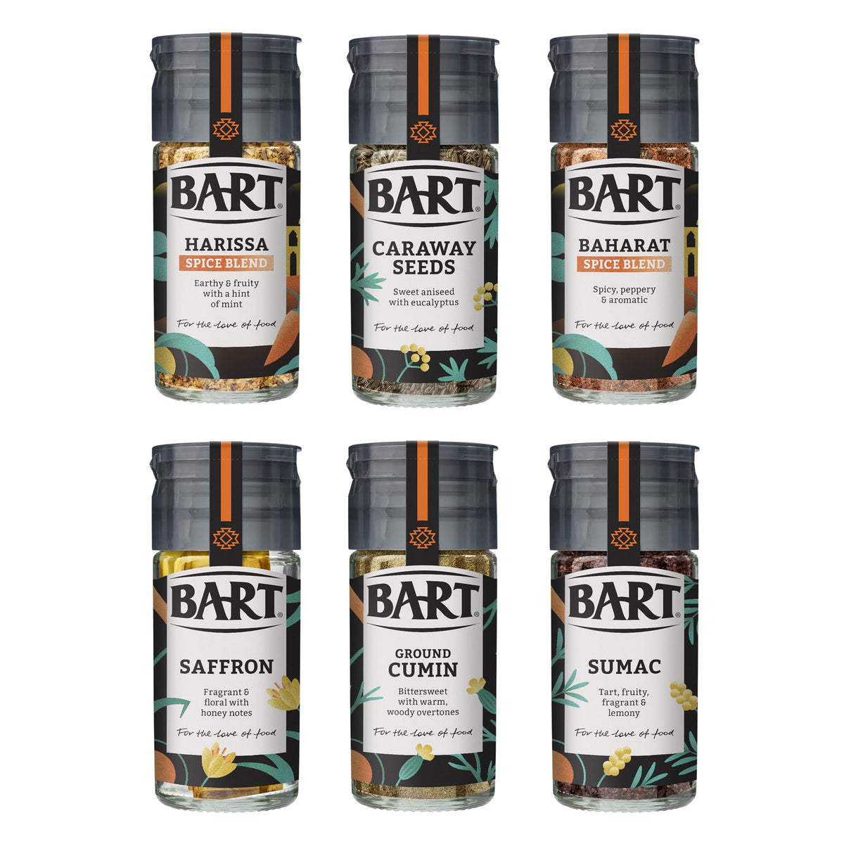BART Middle Eastern Spice Collection - Sumac, Caraway Seeds, Saffron, Baharat, Harissa, Cumin | 6 x 31.73g 1
