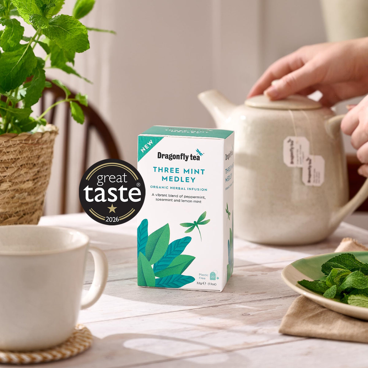 Dragonfly Three Mint Medley Organic Herbal Tea Bags - 4 x 20 Count, Caffeine Free, Refreshing