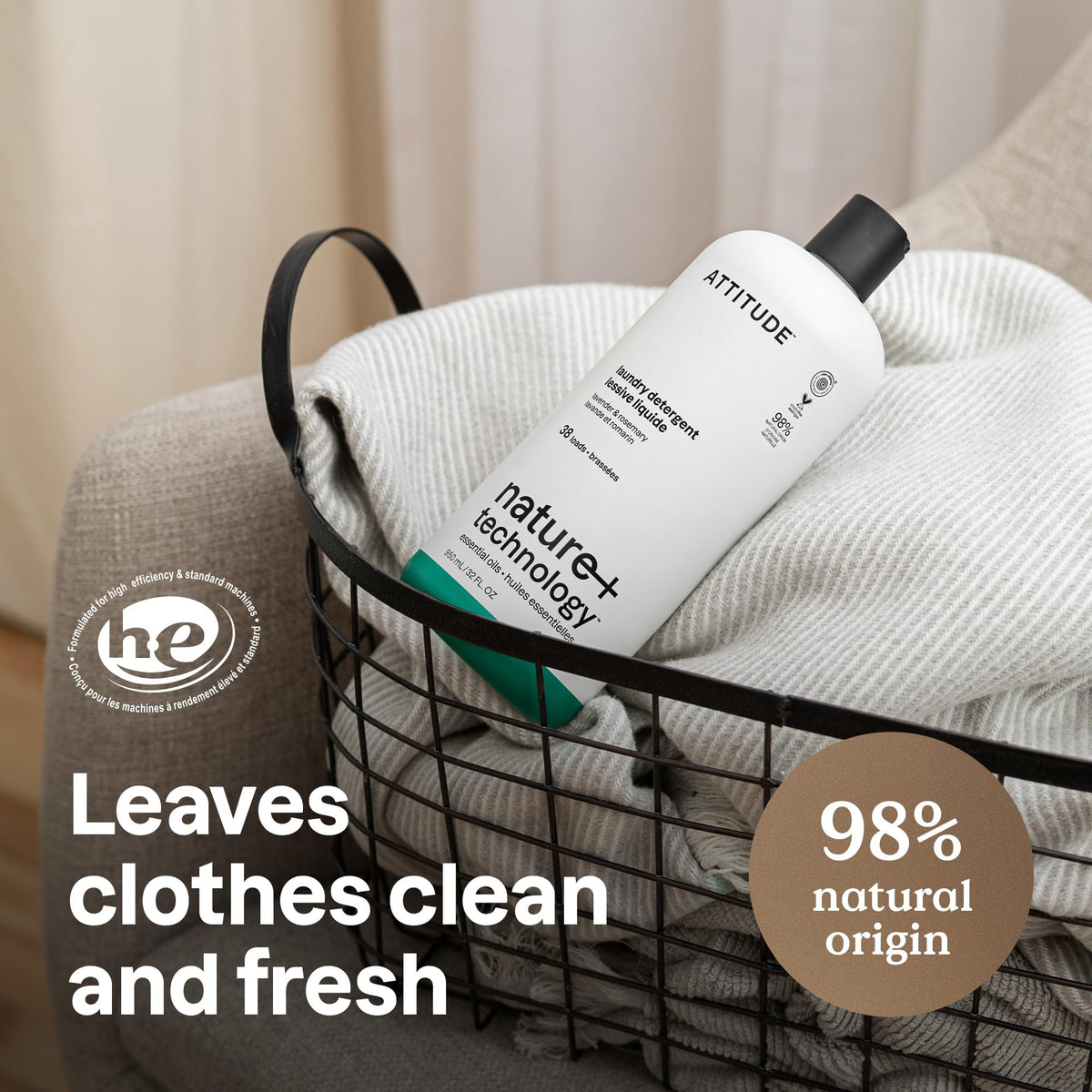 ATTITUDE Liquid Laundry Detergent - EWG Verified, Plant-Based, Lavender & Rosemary Scent, 950 ml