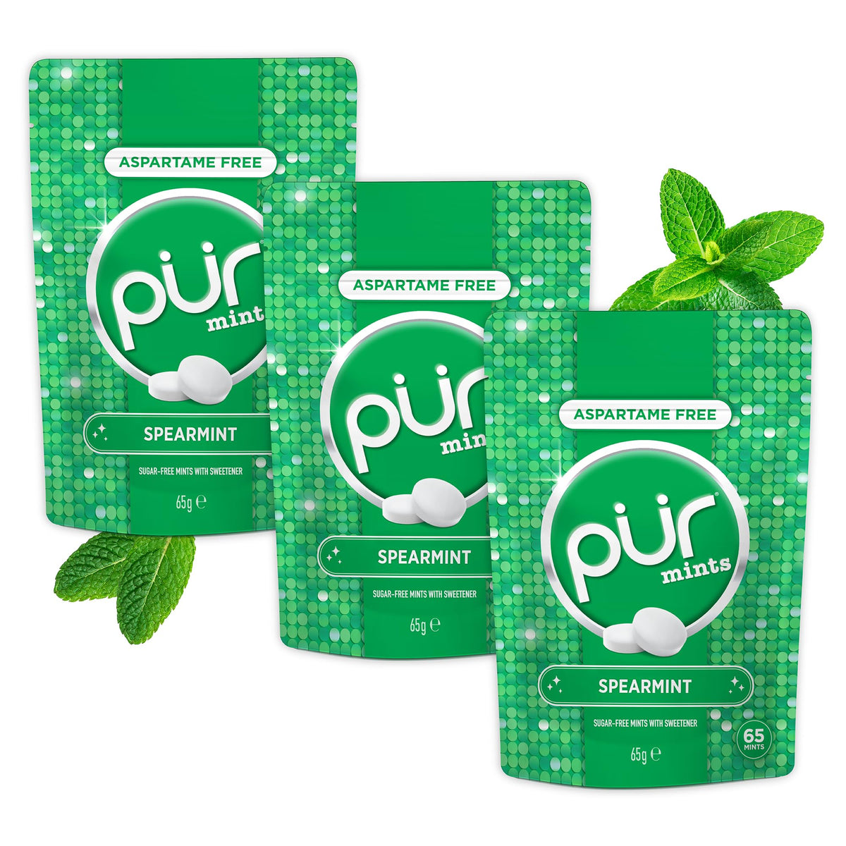 PUR Mints Spearmint - Sugar Free, Aspartame Free, Made with Xylitol | 65 Count (Pack of 3)