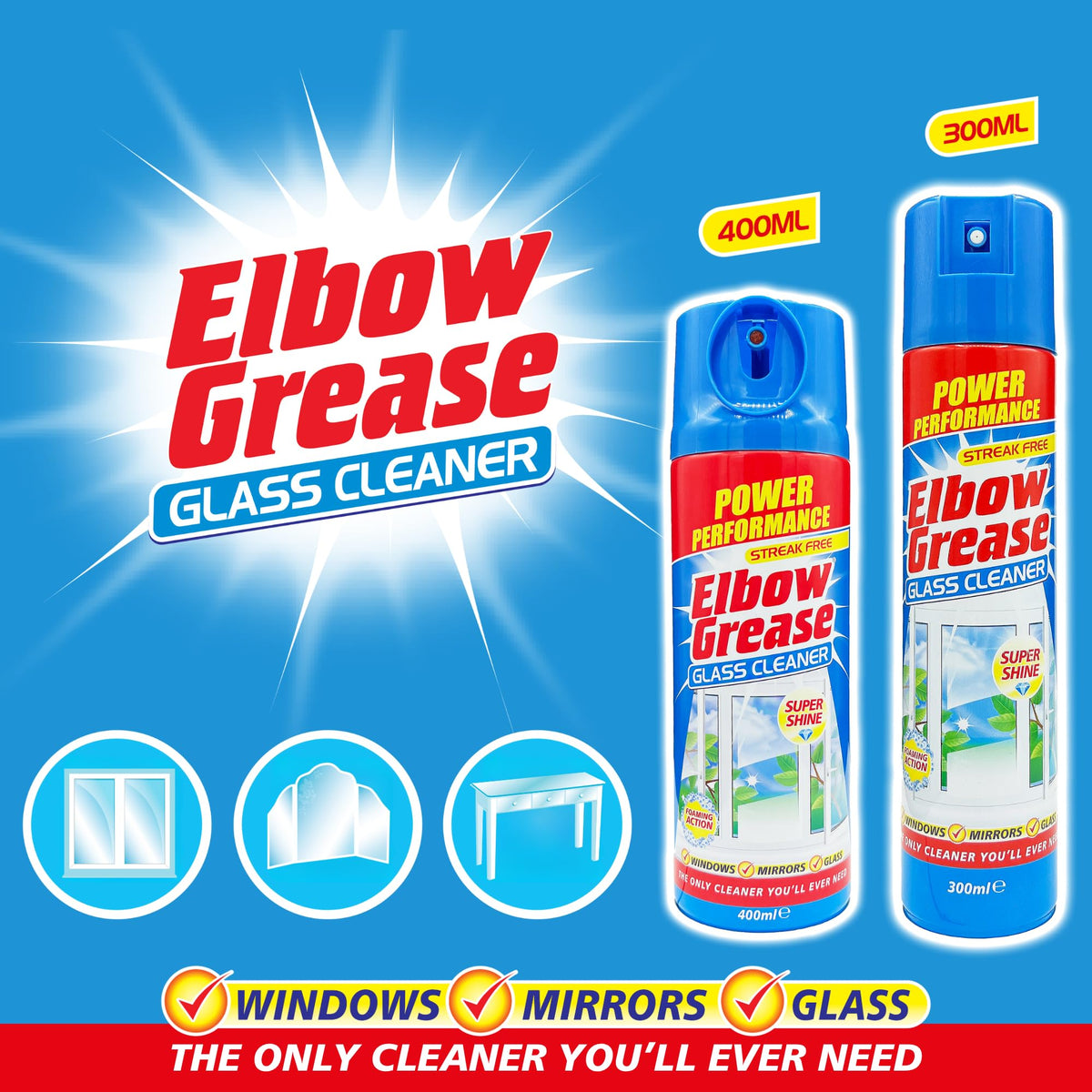 Elbow Grease Glass Cleaner Aerosol - Streak-Free Shine, Foaming Action, 400 ml (Pack of 4) 2