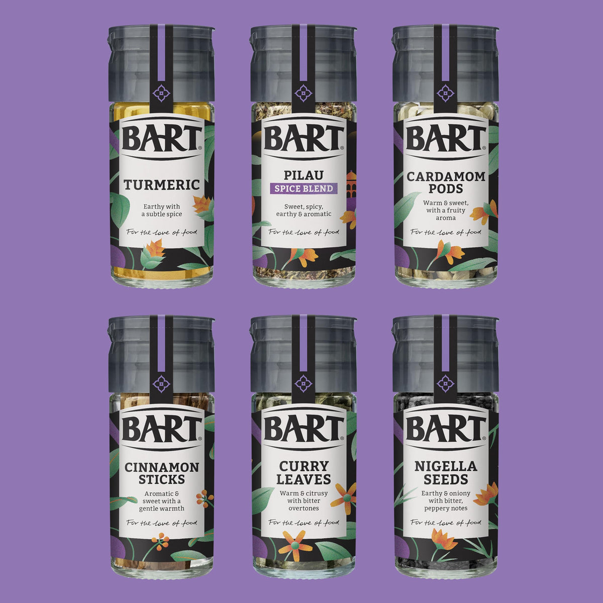 BART Indian Spice Collection - Turmeric, Cinnamon Sticks, Cardamom Pods, Curry Leaves, Nigella Seeds, Pilau Spice Blend