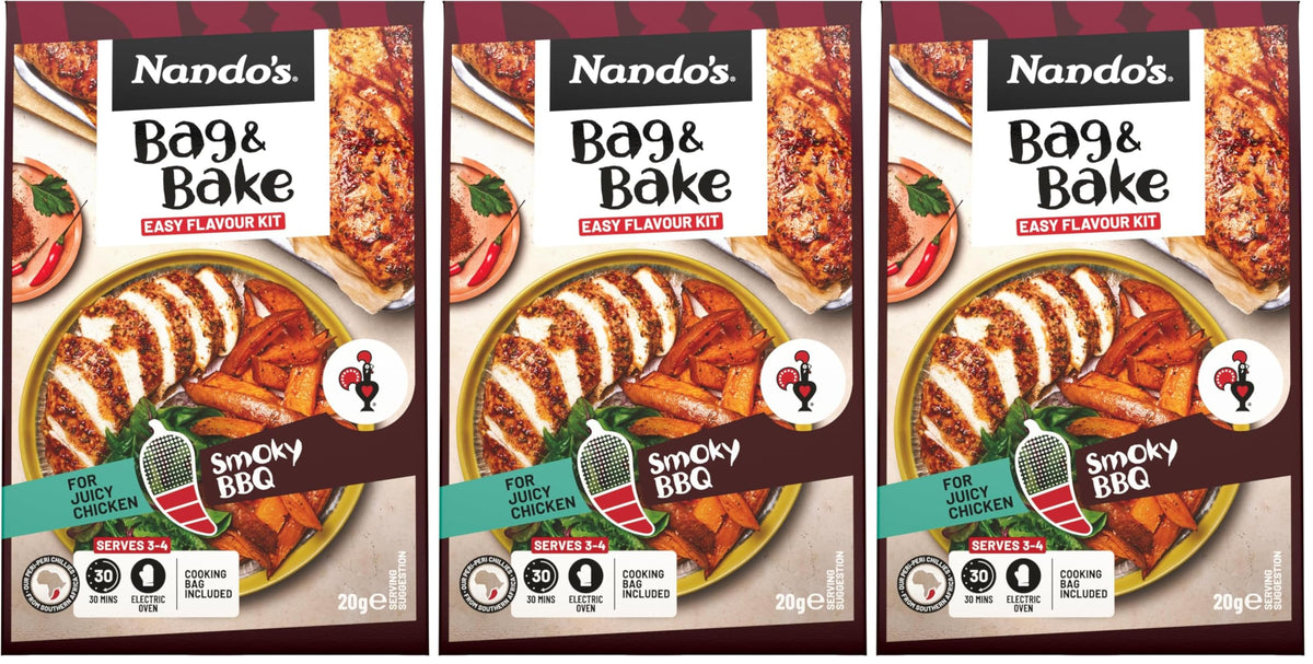 Nando's Smokey BBQ Bag & Bake Seasoning - Oven Safe Bags | 20g Pack of 3