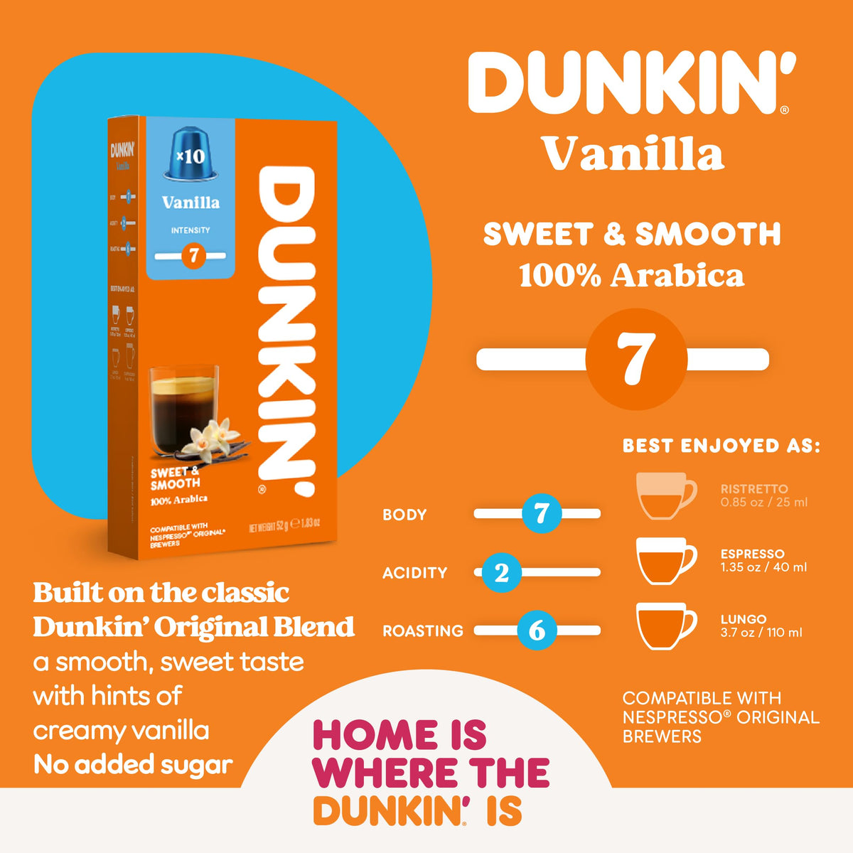 Dunkin' Vanilla Roast Nespresso Compatible Capsules - Medium Roast, Intensity 7, 10 Count (Pack of 2)