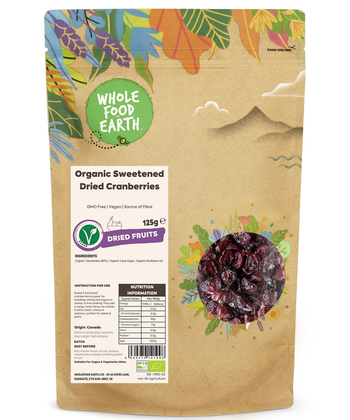 Wholefood Earth Organic Sweetened Dried Cranberries - 125g Bag | Certified Organic | 5-Star Food Hygiene 1