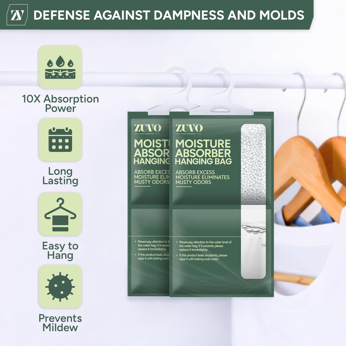 Zuvo Wardrobe Dehumidifier Hanging Bags - Moisture & Mould Remover | 6 Pack 4