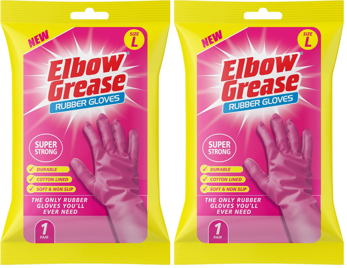 Elbow Grease Pink Rubber Cleaning Gloves - Super Strong, Cotton Lined, Non-Slip Grip, Size L (Pack of 2)