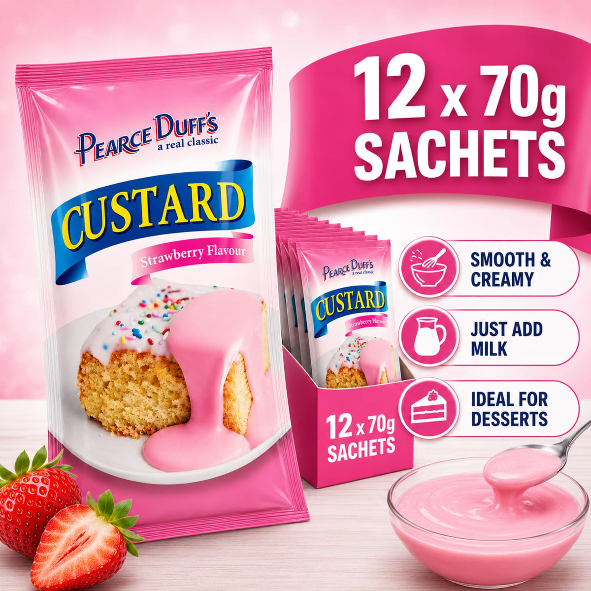 Pearce Duffs Strawberry Custard Powder - Instant Dessert Mix | 12 x 70g Sachets 4