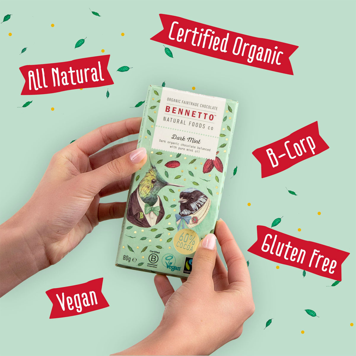 Bennetto Dark Mint Chocolate Bar - 60% Cocoa, Organic, Fairtrade | 6 Pack