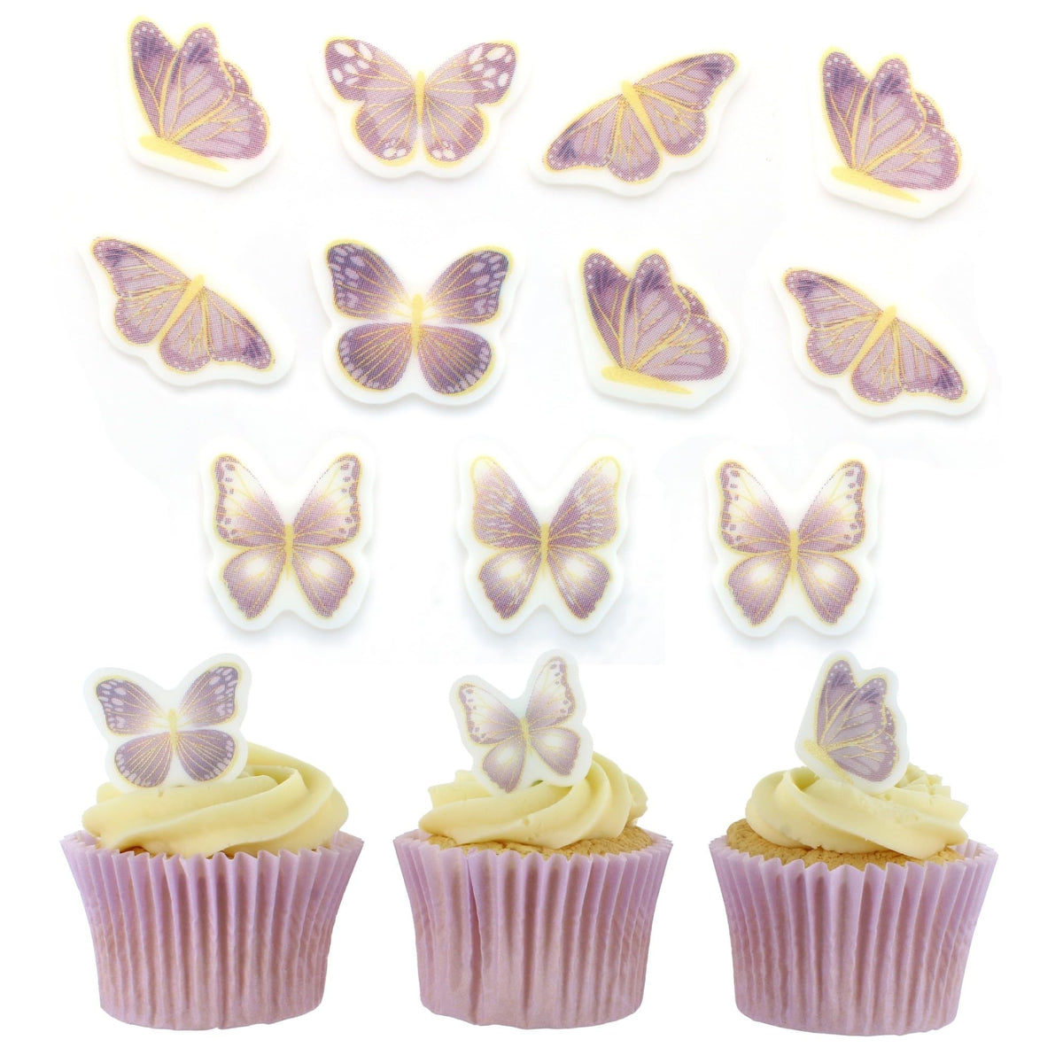 Culpitt Lilac & Gold Butterflies Edible Cupcake Toppers - 32 Count | Fondant Sugar Paste
