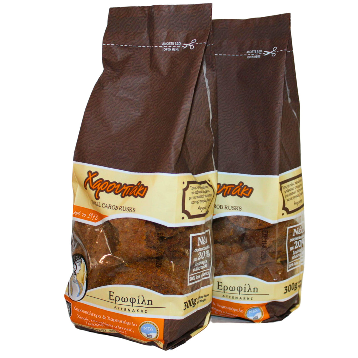Erofili Small Carob Rusks - 600g Pack (2x300g) | Authentic Cretan Recipe | No Added Salt, Sugar, or Yeast