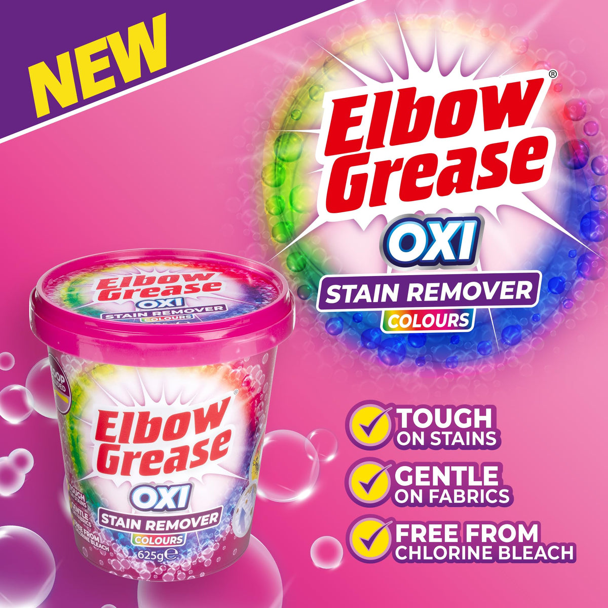 Elbow Grease Oxi Powder Stain Remover for Colours - 625g | Bleach Free | Works at Low Temperatures