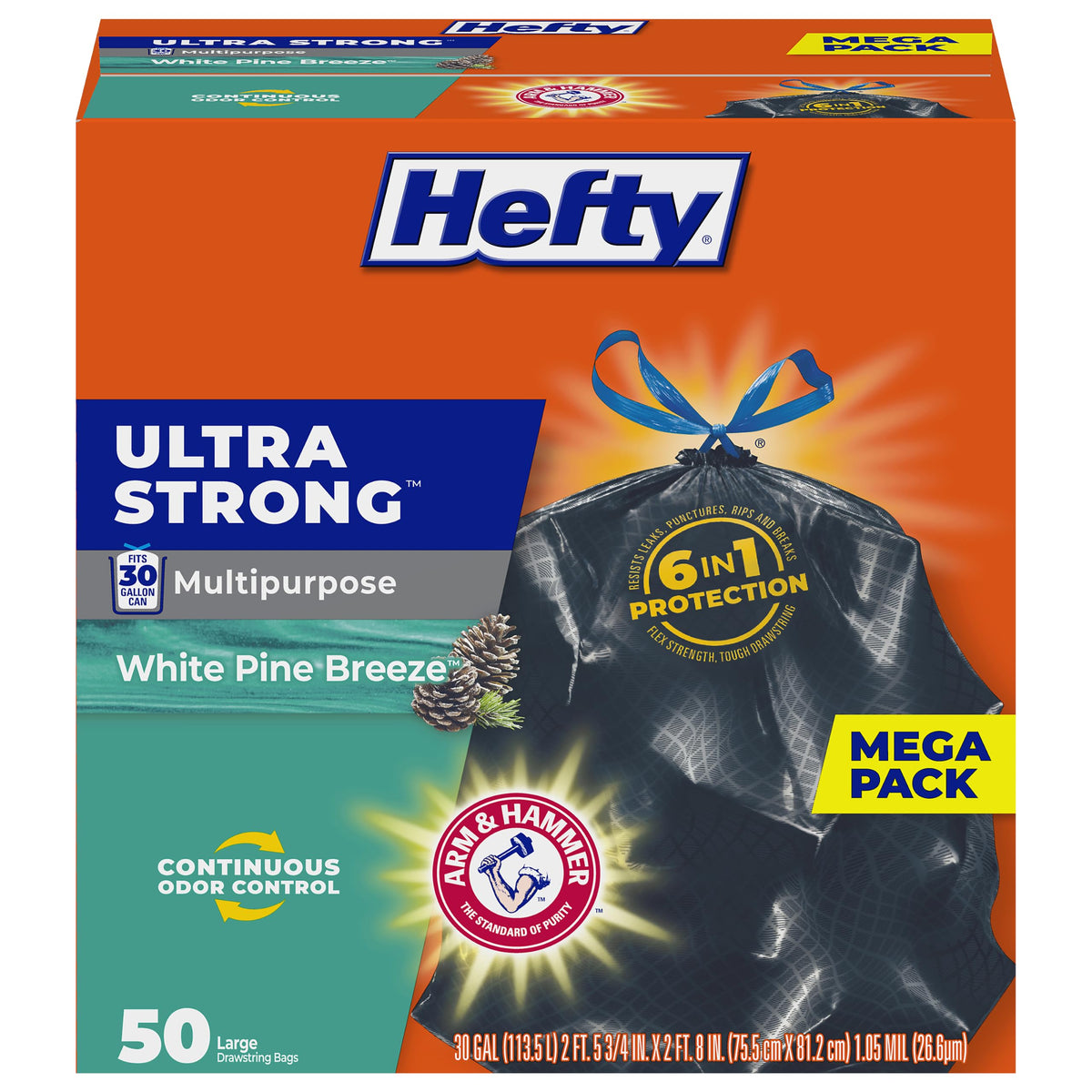 Hefty Ultra Strong 30 Gallon Trash Bags - 50 Count | White Pine Breeze Scent | 6-in-1 Protection