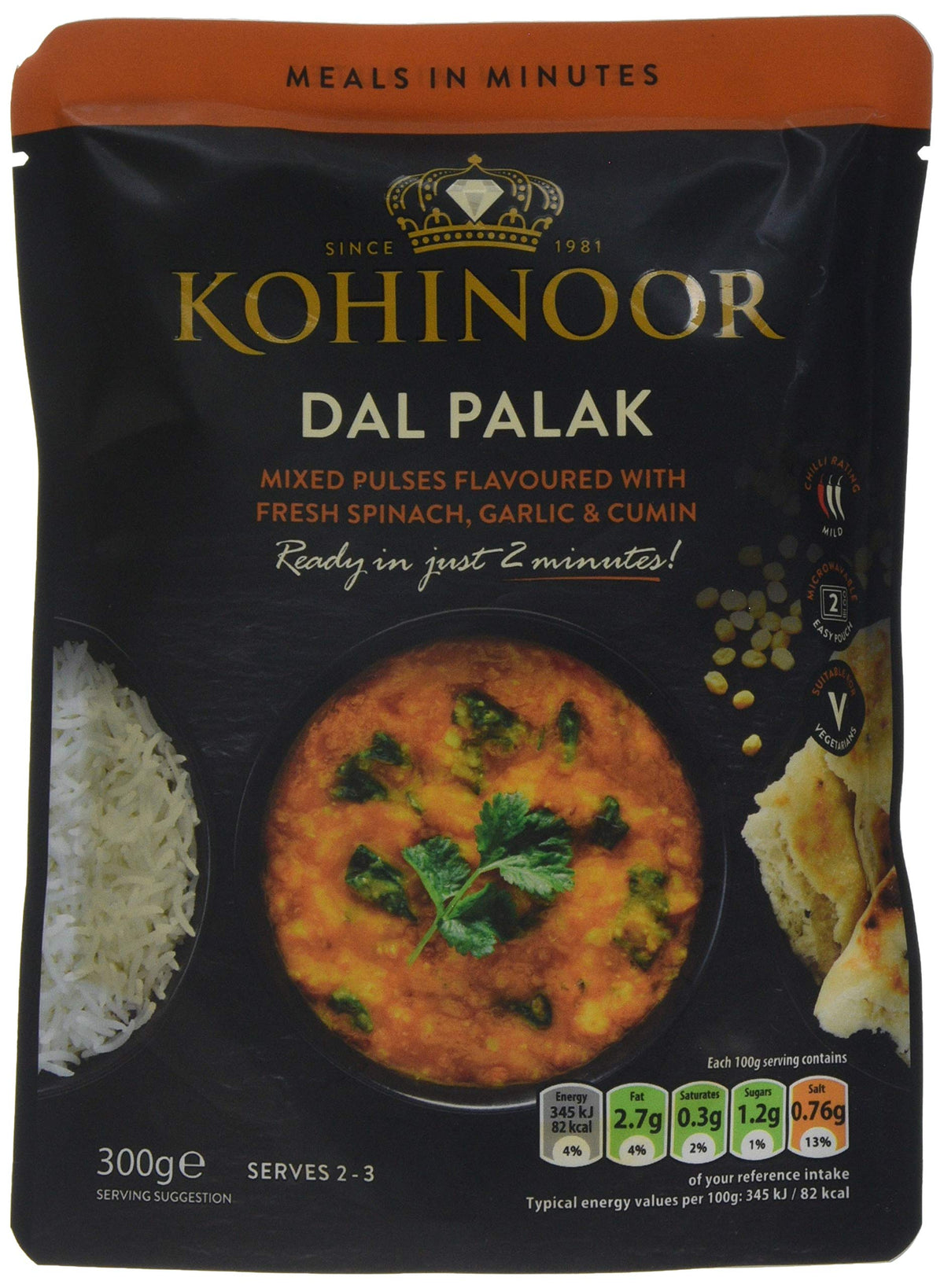 Kohinoor Dal Palak - Mixed Pulses with Spinach, Garlic & Cumin | 300g Pouches | Pack of 6