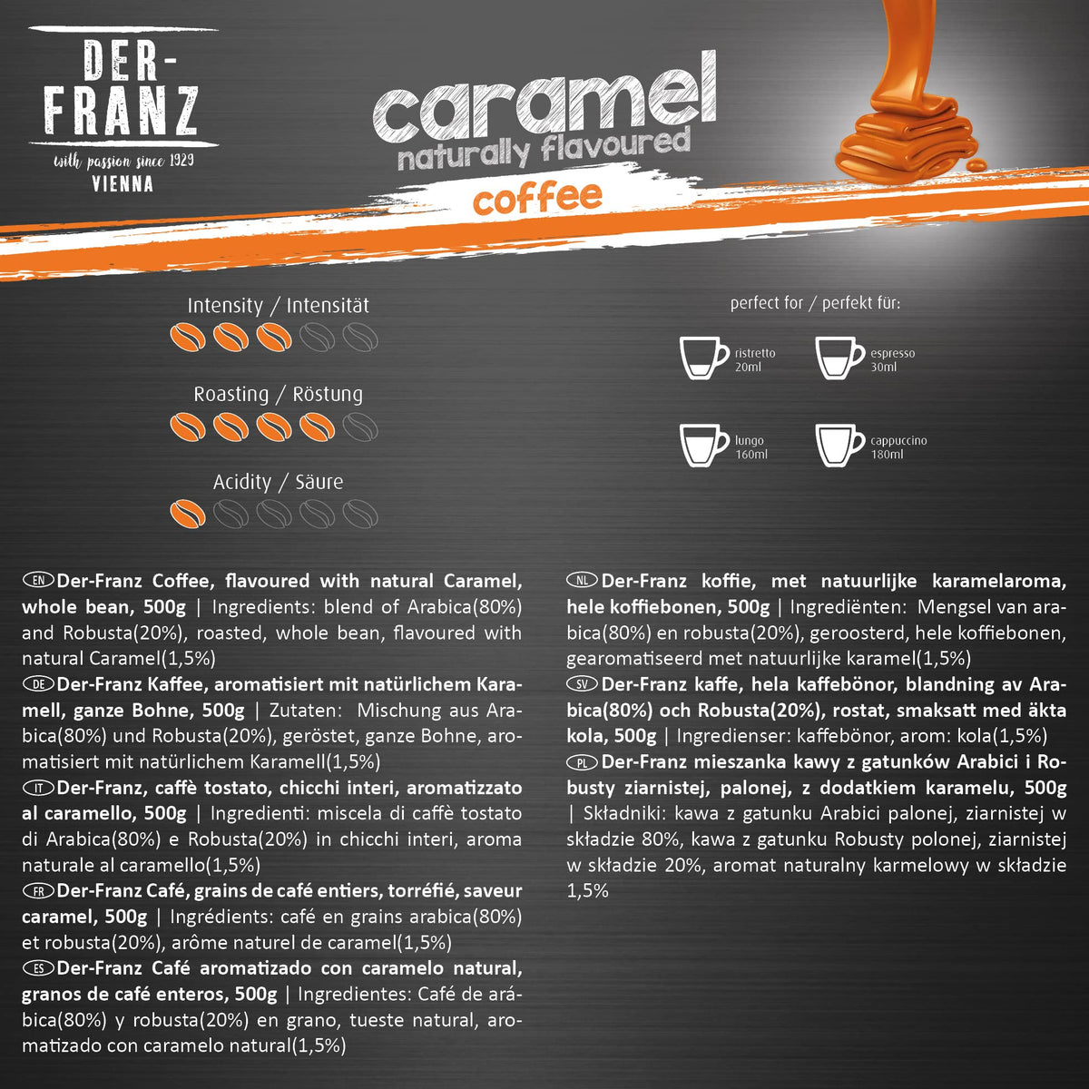 Der-Franz Caramel Flavored Whole Coffee Beans - 3 x 500g Pack | 80% Arabica, 20% Robusta 3