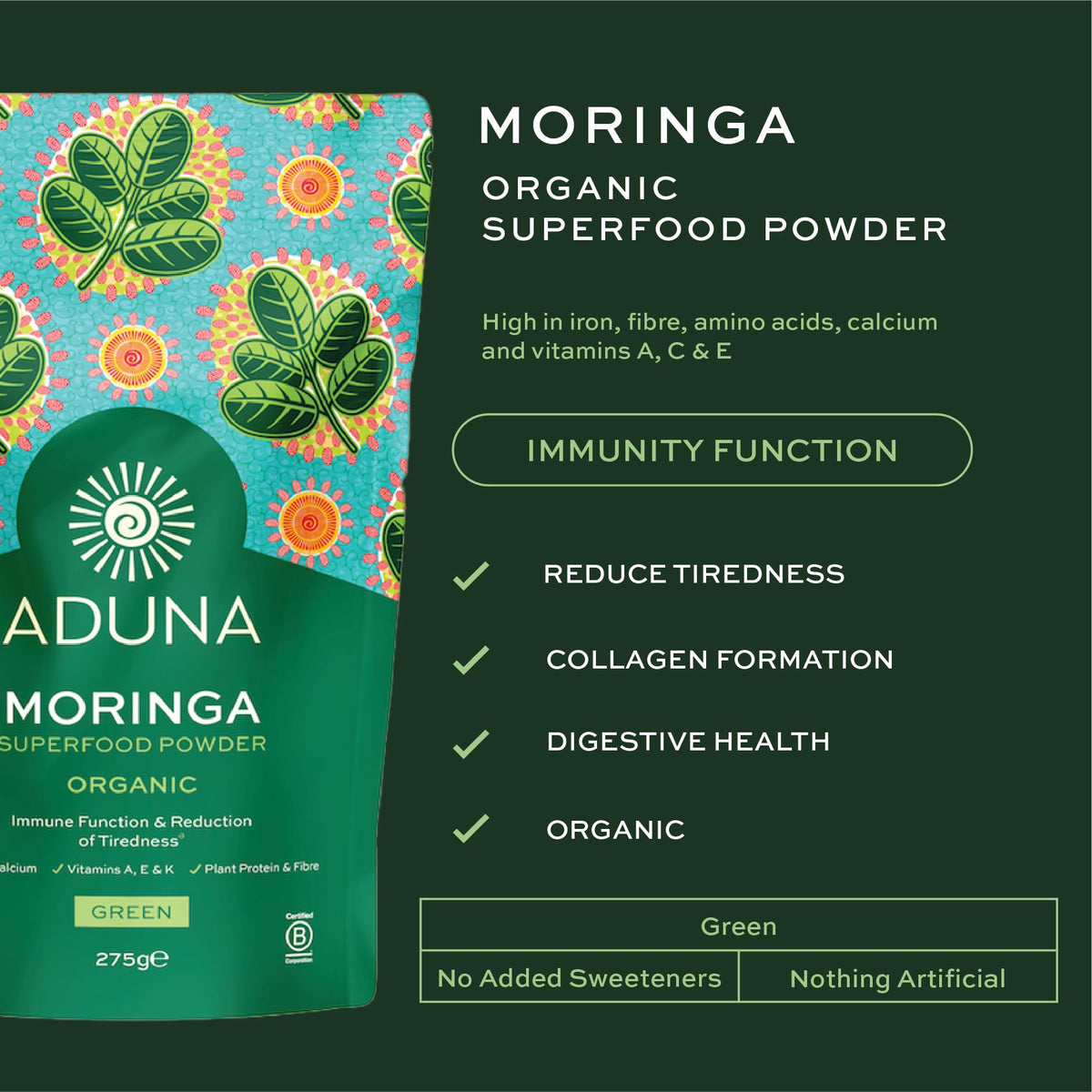 Aduna Moringa Powder - Certified Organic Superfood | 275g
