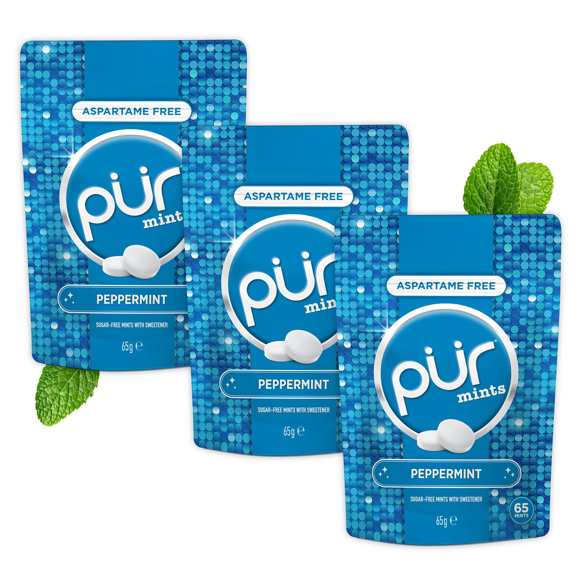 PUR Mints Peppermint Sugar Free Breath Mints - 65 Count Pouch | Pack of 3 | Aspartame Free