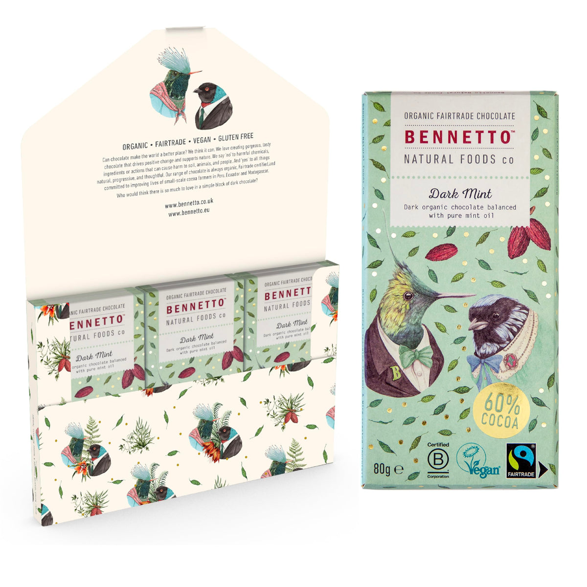 Bennetto Dark Mint Chocolate Bar - 60% Cocoa, Organic, Fairtrade | 6 Pack