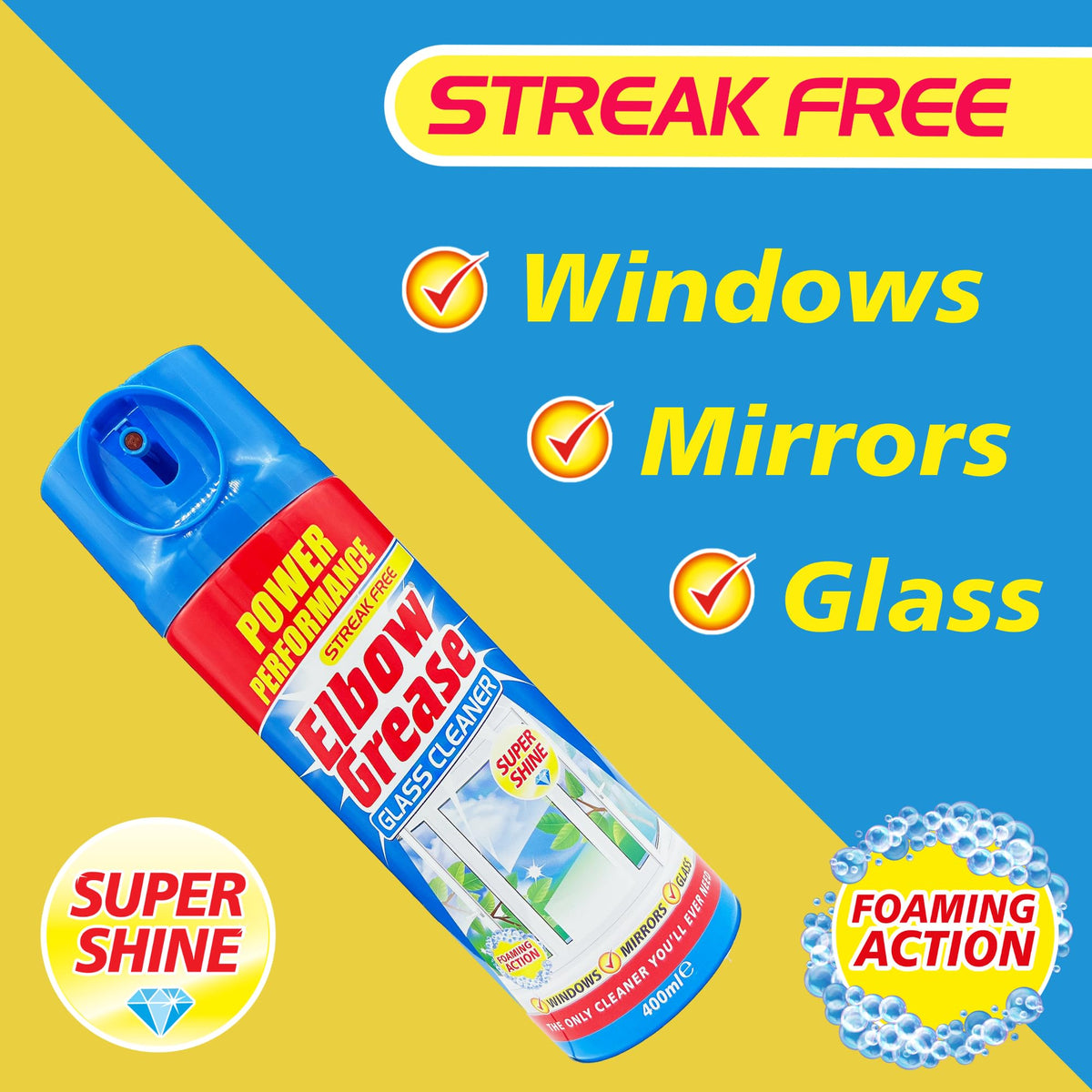 Elbow Grease Glass Cleaner Aerosol - Streak-Free Shine, Foaming Action, 400 ml (Pack of 4) 3