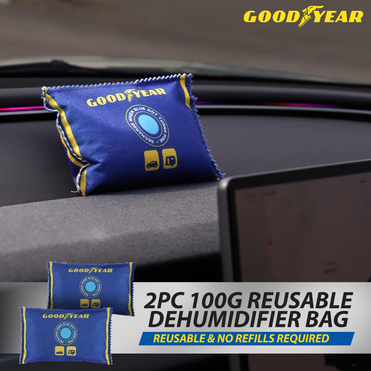 Goodyear 2pc 100g Reusable Moisture Absorber Bags - Eco-Friendly, Portable 6