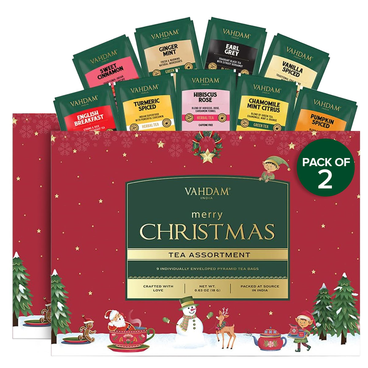 VAHDAM Merry Christmas Tea Gift Set - Limited Edition Holiday Assortment | 9 Tea Bags
