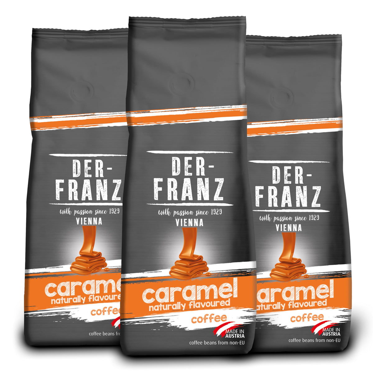 Der-Franz Caramel Flavored Whole Coffee Beans - 3 x 500g Pack | 80% Arabica, 20% Robusta