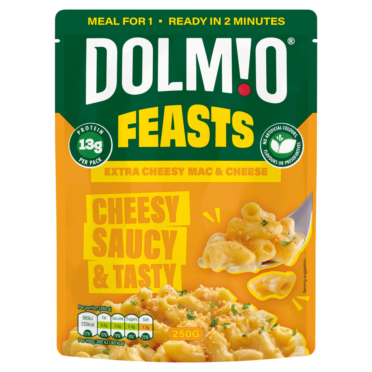 Dolmio Feasts Extra Cheesy Mac and Cheese Ready Meal Pouch - Meal for 1 | 2 Minutes Cook Time | 13g Protein