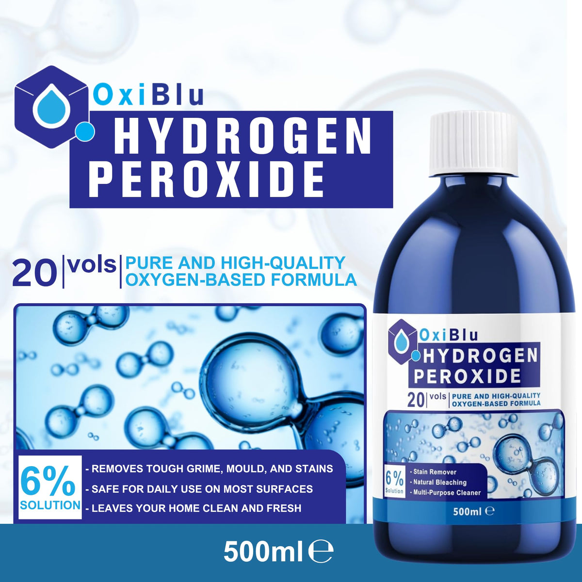 OxiBlu Hydrogen Peroxide 6% - All-Purpose Cleaner, Stain Remover, Natural Bleach | 500ml