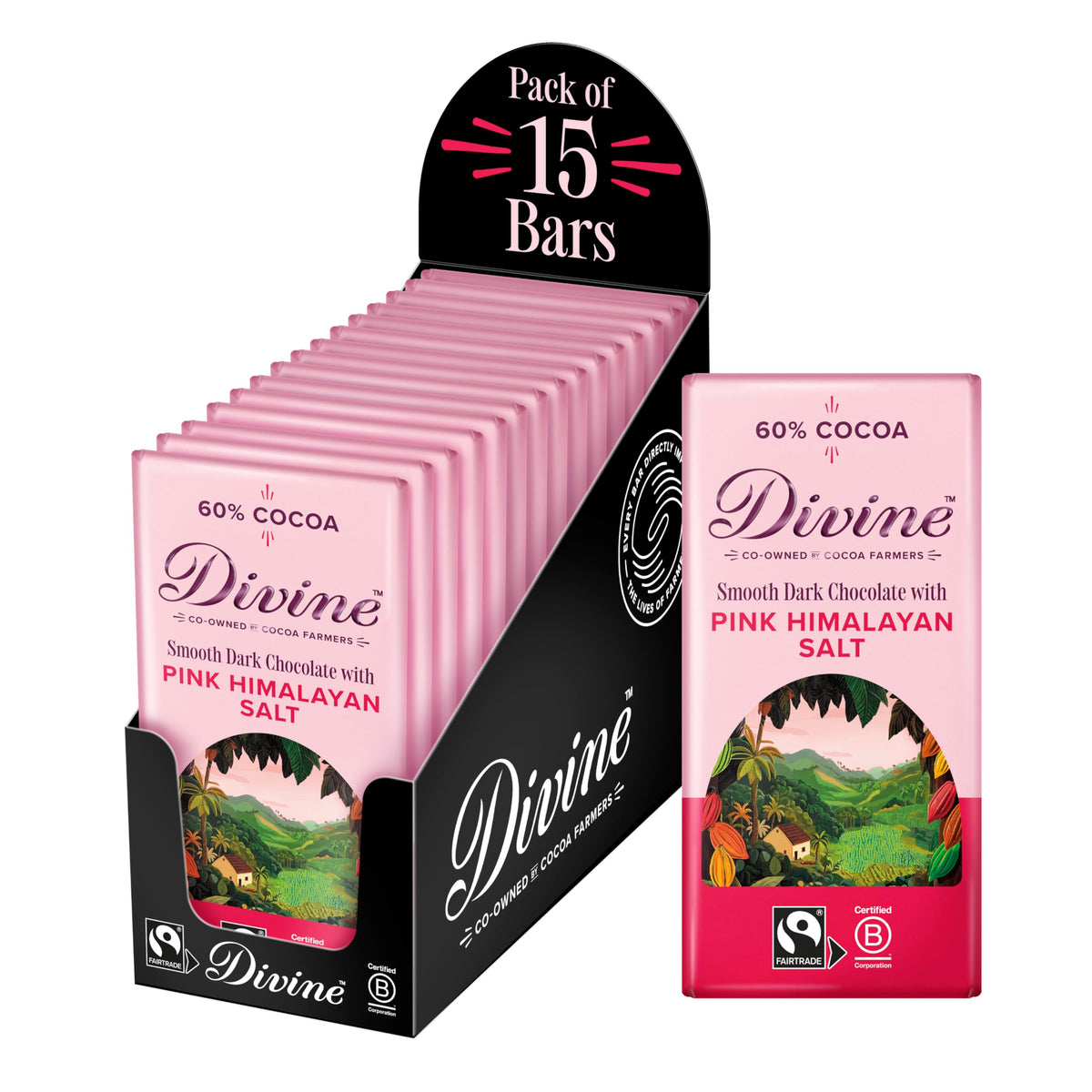 Divine 60% Cocoa Dark Chocolate with Pink Himalayan Salt - 15 x 90g Bars