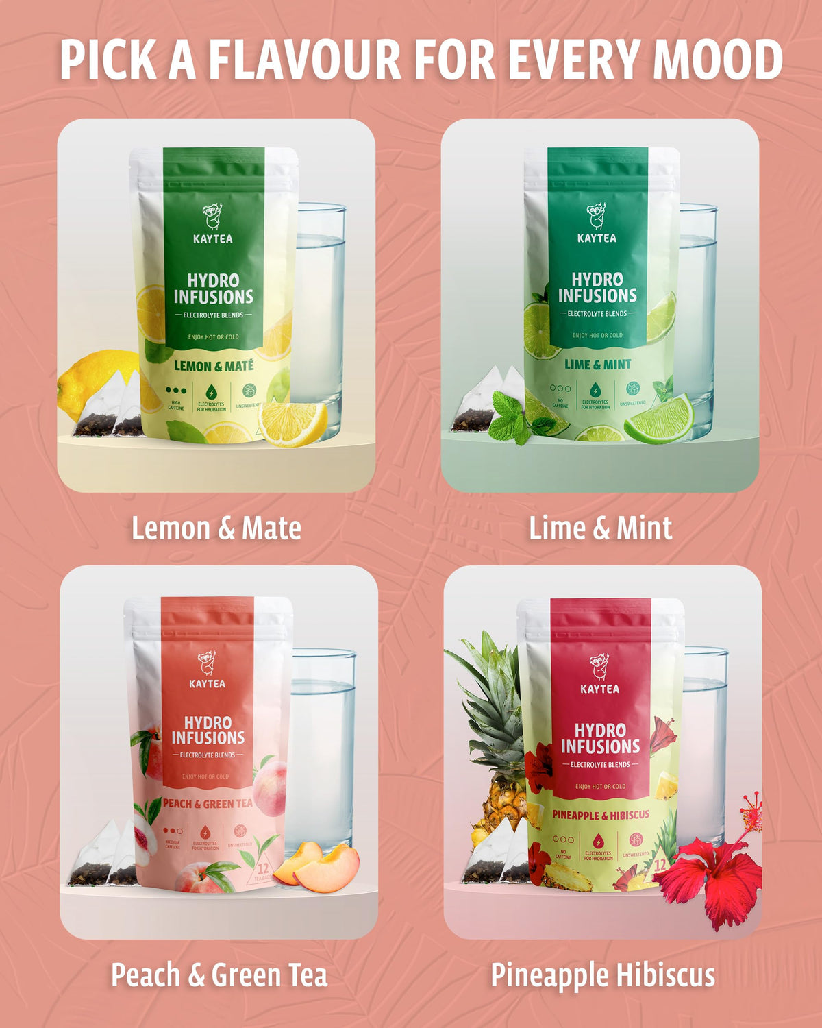KAYTEA Peach & Green Herbal Fruit Tea - 12 Hydro Infusion Tea Bags | Zero Calorie, Sugar-Free, Hydrating 8