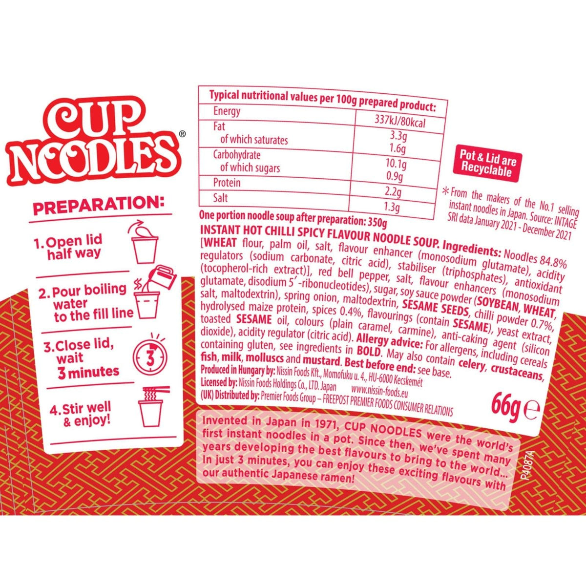 NISSIN Spicy Hot Chilli Flavoured Instant Noodles - 8 x 64g Pots