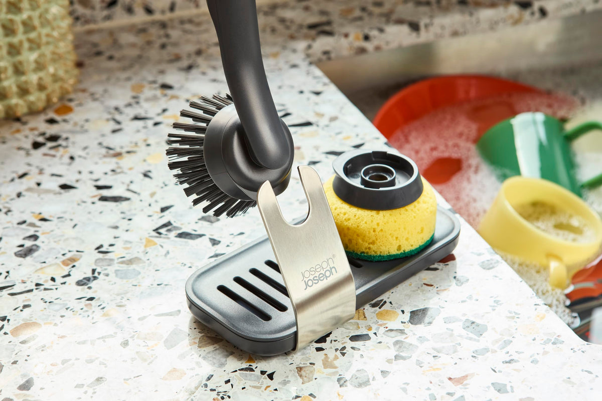 Joseph Joseph SinkTech Dish Brush Set - Durable Bristles, Stainless Steel Stand | Graphite 7