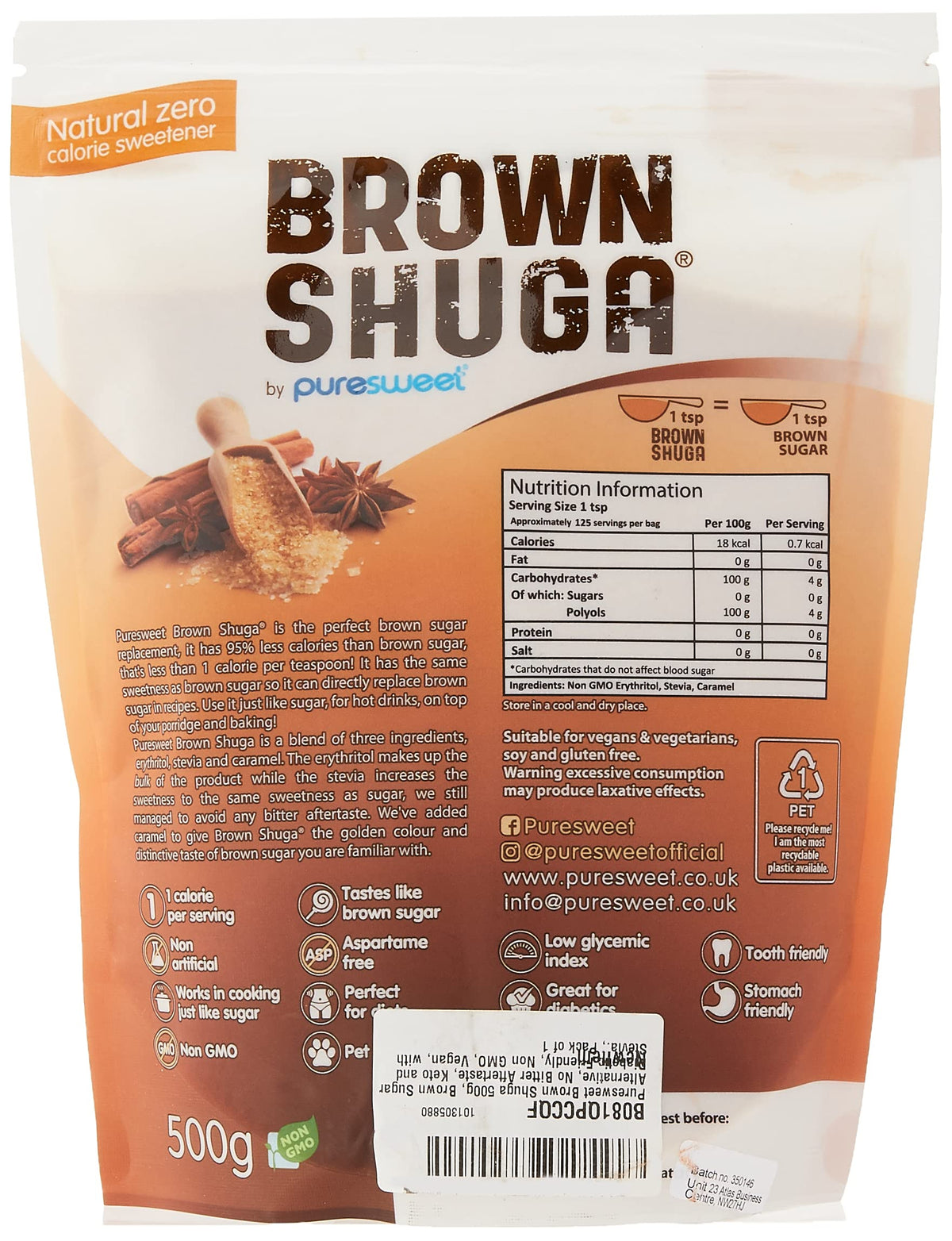 Puresweet Brown Shuga Natural Brown Sugar Alternative - 1kg (Pack of 2 x 500g) 2